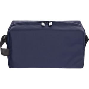 A navy blue toiletry bag with a rectangular shape, featuring a handle and a zip closure. It has a logo on the side.