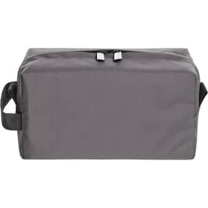 A grey toiletry bag with a rectangular shape and zip closure, featuring a sturdy handle on one side.