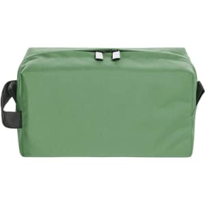 A green toiletry bag with a rectangular shape and a double zip closure, featuring a side handle.
