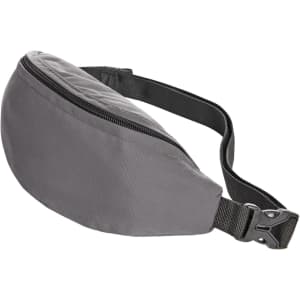 A grey bum bag with a zippered pocket and adjustable strap, featuring a logo.