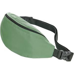 A green waist bag with a zip closure and adjustable strap, featuring a simple design.