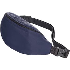 A navy bum bag with a zippered compartment and an adjustable strap, featuring a simple logo.