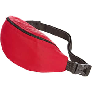 A red waist bag with a zippered compartment and an adjustable strap, featuring a logo.
