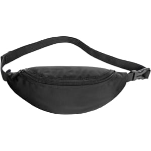 A black waist bag with a curved shape, featuring a zippered pocket and an adjustable strap. It has a logo.