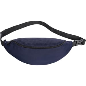 A navy waist bag with a black adjustable strap and a zippered compartment, featuring branding.