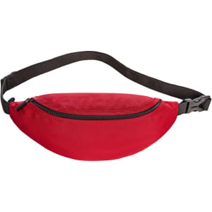 A red bum bag with a black adjustable strap and a zippered compartment. It features a logo.