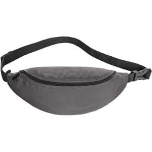 A grey bum bag with a zipper and adjustable strap, featuring a logo. Ideal for carrying essentials hands-free.