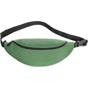 A green bum bag with a black adjustable strap and a zippered pocket. It features a logo on the front.
