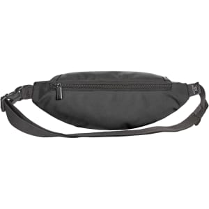 A black waist bag with a zippered compartment and an adjustable strap, featuring a logo.