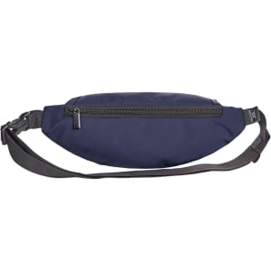 A navy bum bag with a zippered compartment and an adjustable strap, featuring a logo on the side.