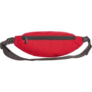 A red bum bag with a zippered pocket and an adjustable grey strap, featuring a logo.