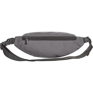 A grey waist bag featuring a curved shape and a front zippered pocket, with an adjustable strap and logo branding.