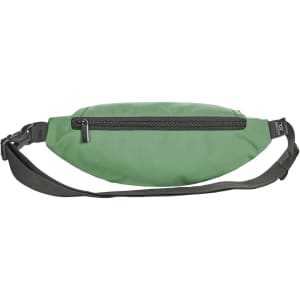 A green bum bag with a zippered compartment and an adjustable strap, featuring a simple design and branding.