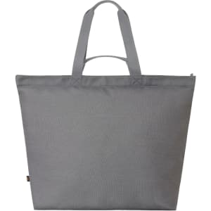 A grey tote bag with dual handles and a simple design, featuring a small logo on the side.