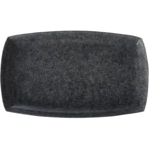 A rectangular black serving platter with a smooth surface and rounded edges, featuring a subtle texture.