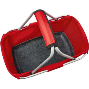 A red fabric basket with a grey interior and a metal frame, featuring a sturdy handle.