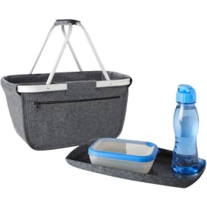 A grey fabric basket with silver handles, a blue drink bottle, and a grey tray with a blue-lidded container.