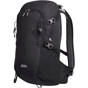 A black outdoor backpack featuring adjustable straps, multiple zippers, and a sleek design. It has a logo on the front.
