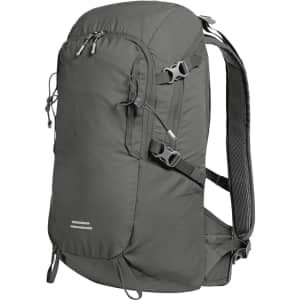 A grey outdoor backpack featuring multiple compartments and adjustable straps, with a logo on the side.