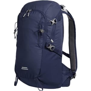 A navy outdoor backpack with adjustable straps, multiple compartments, and a mesh back panel for ventilation.