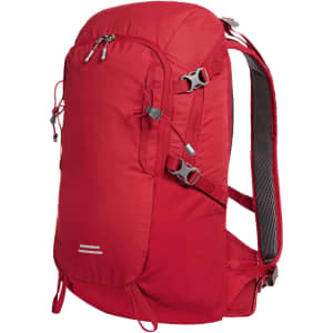 A red outdoor backpack with adjustable straps, side pockets, and a logo on the front.