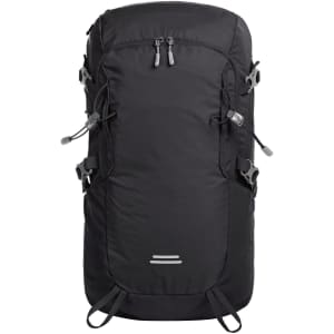 A black outdoor backpack with multiple compartments and adjustable straps, featuring a logo on the front.