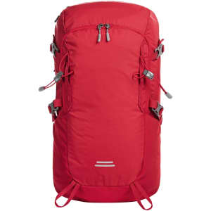 A red outdoor backpack with multiple compartments and adjustable straps, featuring a logo on the front.