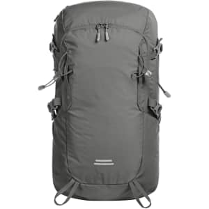 A grey outdoor backpack with multiple compartments and adjustable straps, featuring a subtle logo.