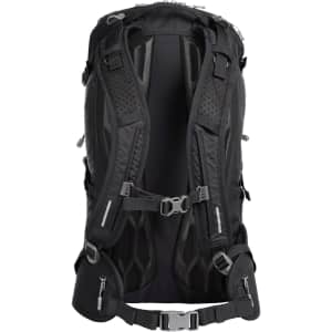 A black outdoor backpack featuring padded straps, mesh detailing, and multiple compartments with zippers.
