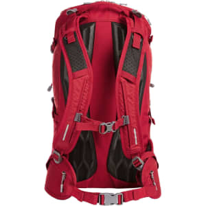 A red outdoor backpack featuring padded straps and adjustable buckles, with a mesh back for ventilation.