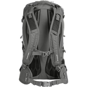A grey outdoor backpack featuring padded straps and mesh back support, with zippers and buckles. It has a logo.