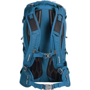 A blue outdoor backpack with mesh padding and adjustable straps, featuring multiple compartments and a logo.
