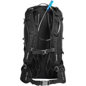 A black outdoor backpack with a hydration system and adjustable straps, featuring mesh panels for ventilation.