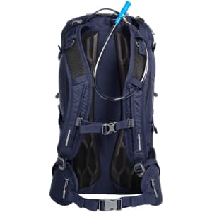 A navy outdoor backpack with a hydration hose, featuring multiple adjustable straps and mesh sections for ventilation.