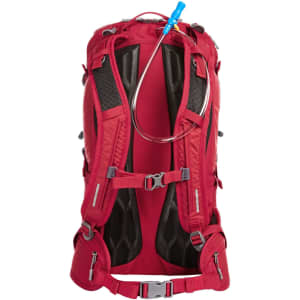 A red outdoor backpack featuring adjustable straps and a hydration tube, with a mesh back panel for ventilation.