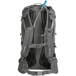 A grey outdoor backpack featuring a hydration system, adjustable straps, and mesh back support. Logo present.