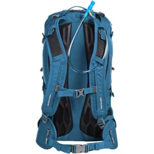 A blue outdoor backpack featuring a hydration system, adjustable straps, and a breathable back panel.