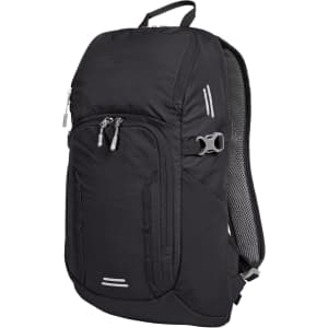 A black outdoor daypack with multiple zippered compartments and a mesh interior, featuring reflective details and a logo.