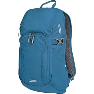 A blue outdoor daypack with multiple zippered pockets, adjustable straps, and a logo on the front.