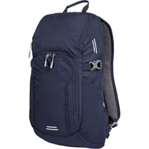 A navy blue outdoor daypack with multiple zippers, adjustable straps, and a mesh back for ventilation.