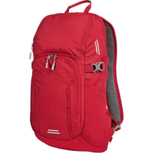 A red outdoor daypack featuring zippered compartments, padded straps, and a logo on the front.