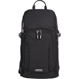 A black outdoor daypack featuring multiple zippered compartments and adjustable straps, with a logo visible.