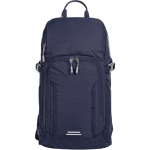 A navy blue outdoor daypack with multiple zippered compartments and adjustable straps, featuring a logo.