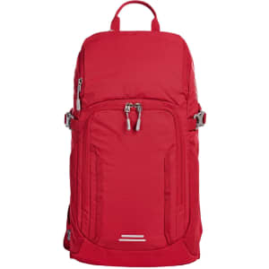 A red outdoor daypack with multiple zippered compartments and a top handle, featuring a logo.