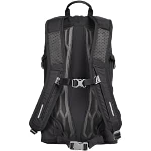 A black outdoor daypack with mesh back and straps, featuring buckles for secure fastening. It has a logo on the front.
