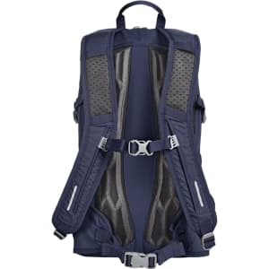 A navy outdoor daypack featuring padded straps, mesh panels, and adjustable buckles. Includes branding on the surface.