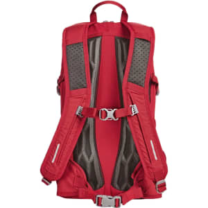 A red outdoor daypack with padded mesh back and adjustable straps, featuring a branded logo.