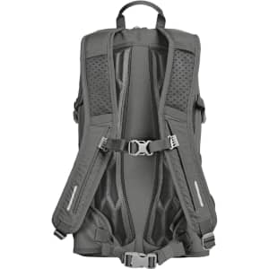 A grey outdoor daypack with adjustable straps and mesh ventilation panels on the back. It has a logo on the front.