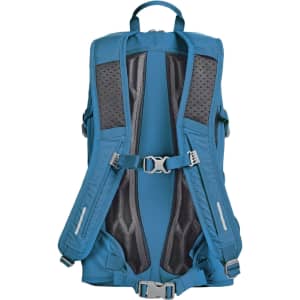 A blue outdoor daypack with adjustable straps, featuring a mesh back panel and a logo.