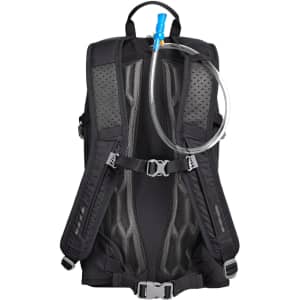 A black outdoor daypack featuring adjustable straps and a hydration tube for easy access to water.